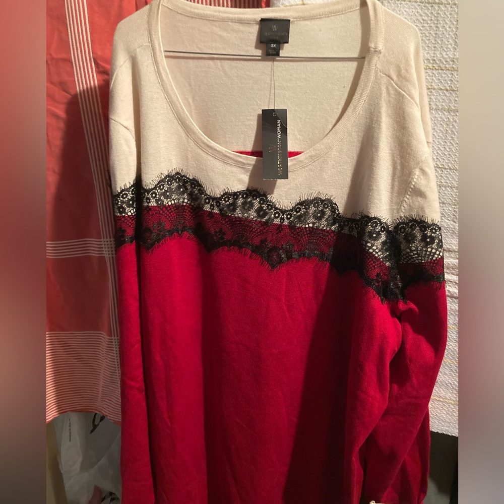 Women’s worthington woman Red Cream Lace-Trim Scoop Neck Top shirt 3X new NWT